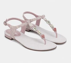 Chanel Pink Metallic Tweed CC Charm T-Strap Thong Sandals Size 37.5